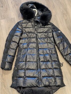 Madison Black Quilted Fur-Trim Long Puffer Coat
